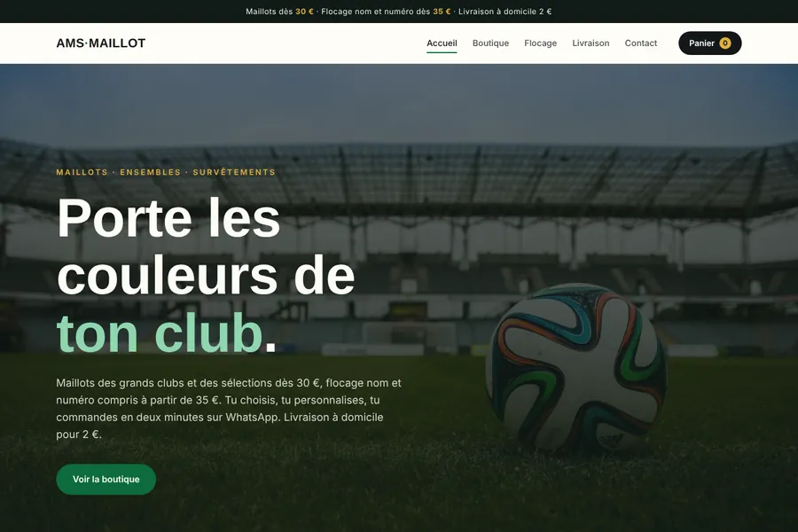 Page d’accueil du site AMS Maillot sur ordinateur, réalisé par Camaya