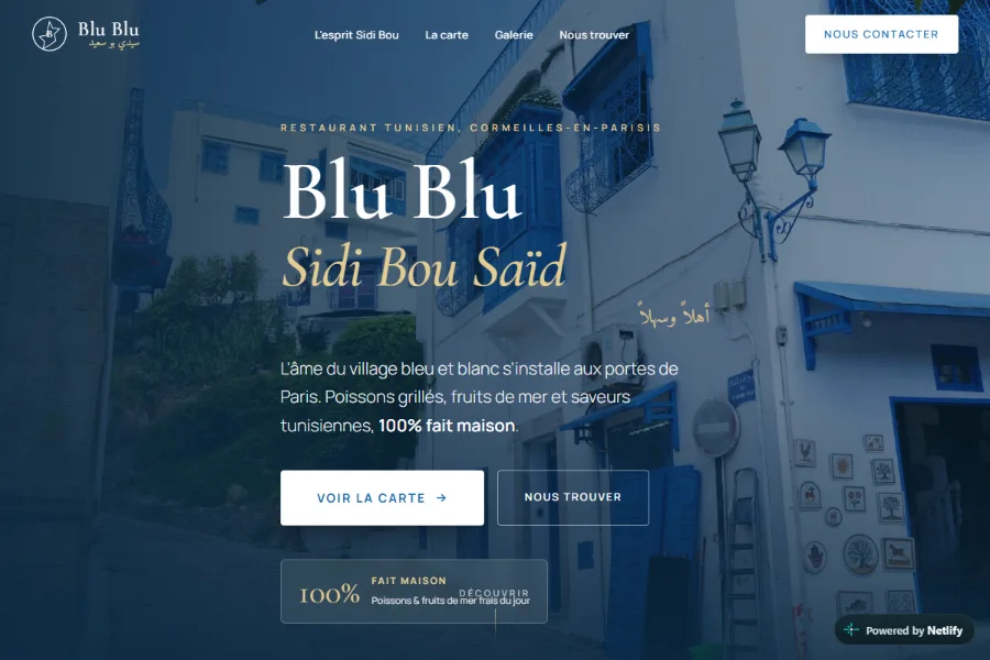 Page d’accueil du site Blu Blu Sidi Bou Paris sur ordinateur, réalisé par Camaya