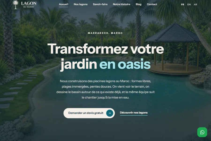 Page d’accueil du site Piscine Lagon Maroc sur ordinateur, réalisé par Camaya
