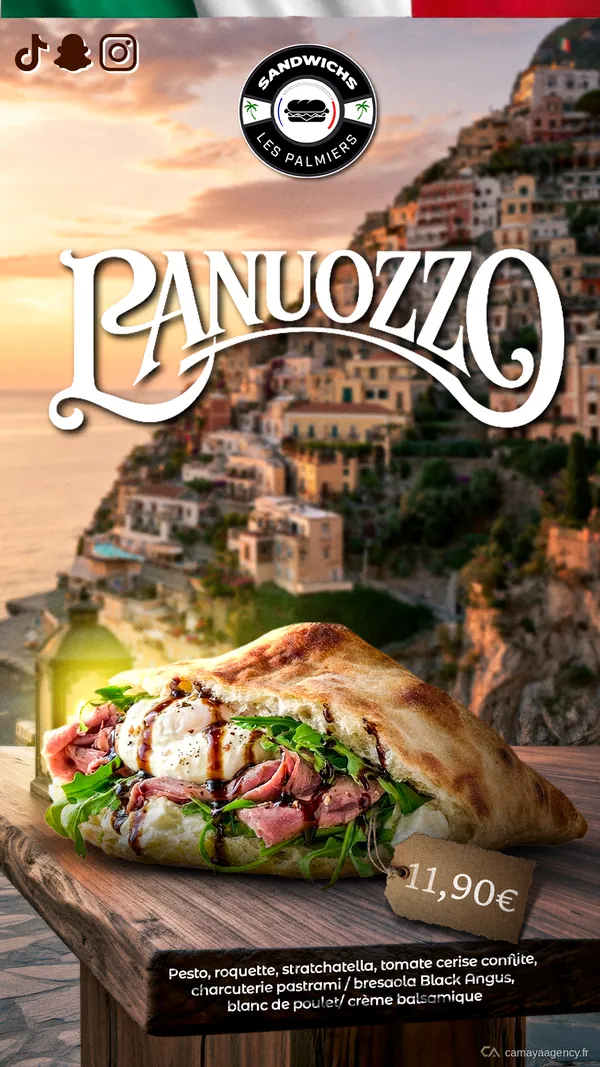 Affiche du Panuozzo, décor de côte italienne, réalisé par Camaya pour Les Palmiers
