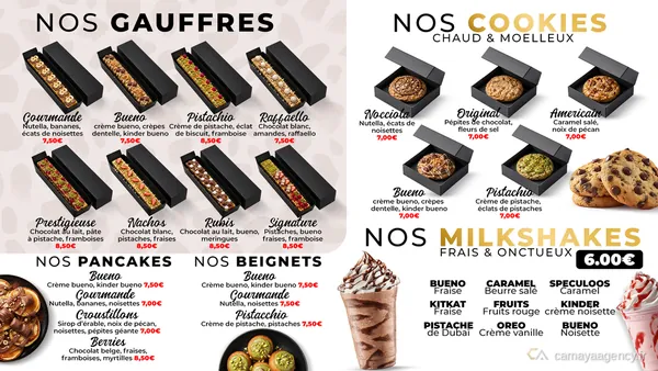 Menu TV : gaufres, cookies, pancakes, beignets et milkshakes, réalisé par Camaya pour Love Dessert Dubai