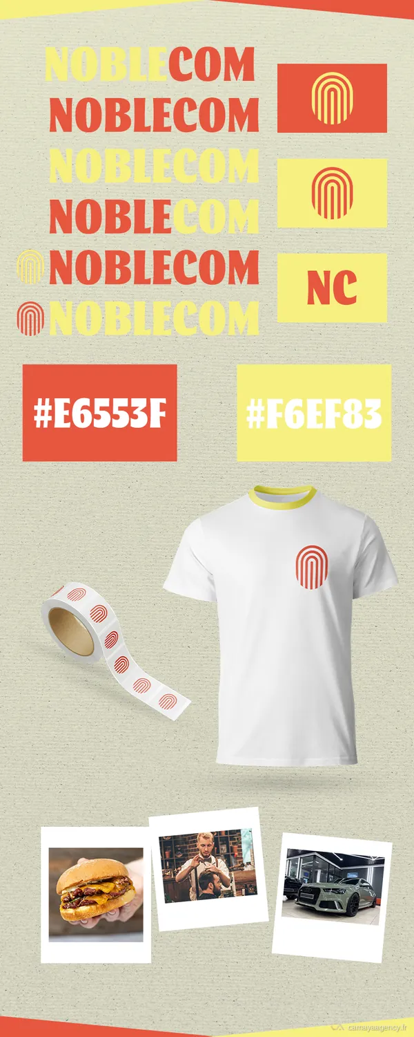 Charte graphique : logo, déclinaisons, couleurs et mises en situation, réalisé par Camaya pour Noblecom