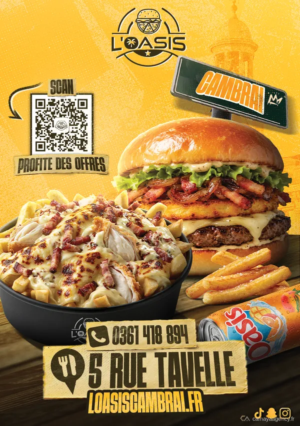 Menu, page de garde, réalisé par Camaya pour L’Oasis
