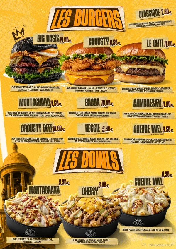Menu : les burgers et les bowls, réalisé par Camaya pour L’Oasis