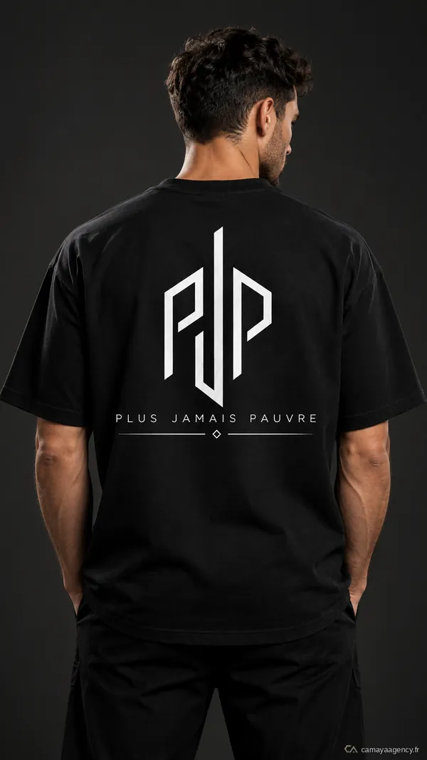 Logo PJP au dos d’un t-shirt noir, réalisé par Camaya pour PJP – Plus Jamais Pauvre